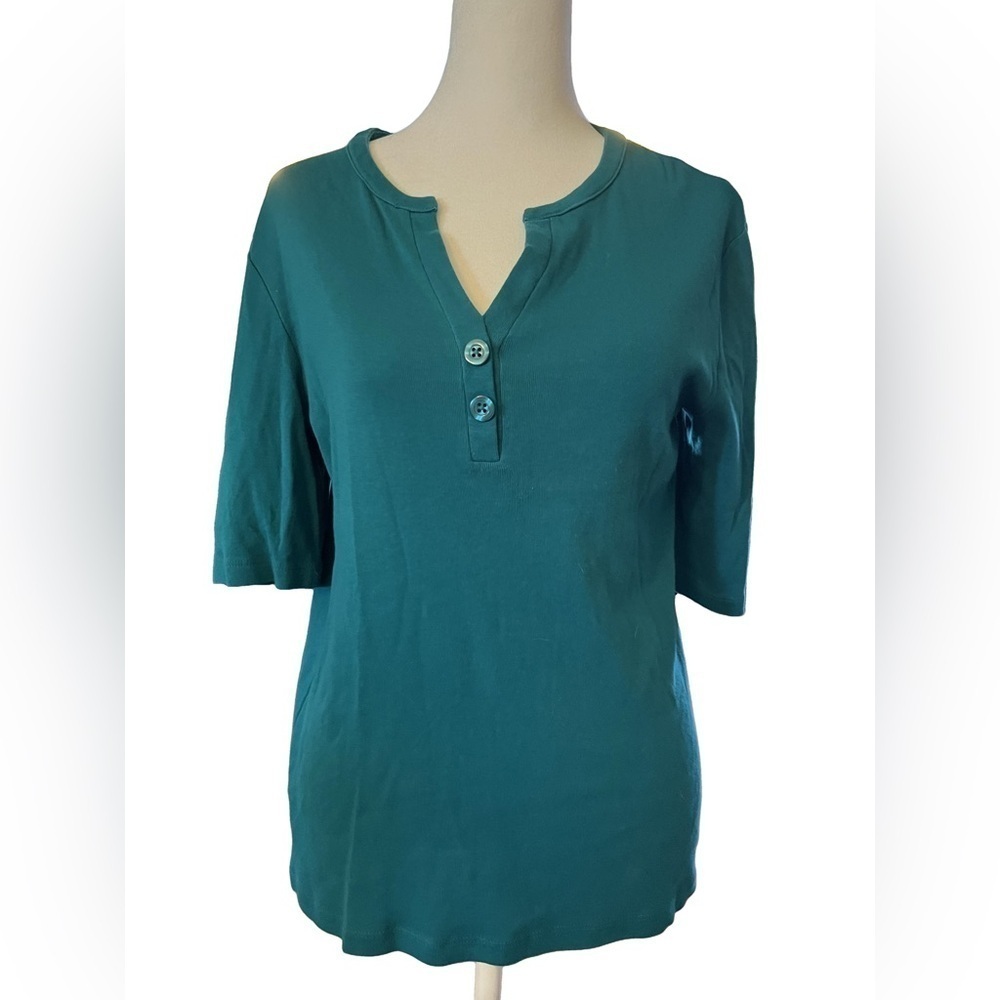 Jones New York Sport Teal Button Front Top Tee Half Sleeve